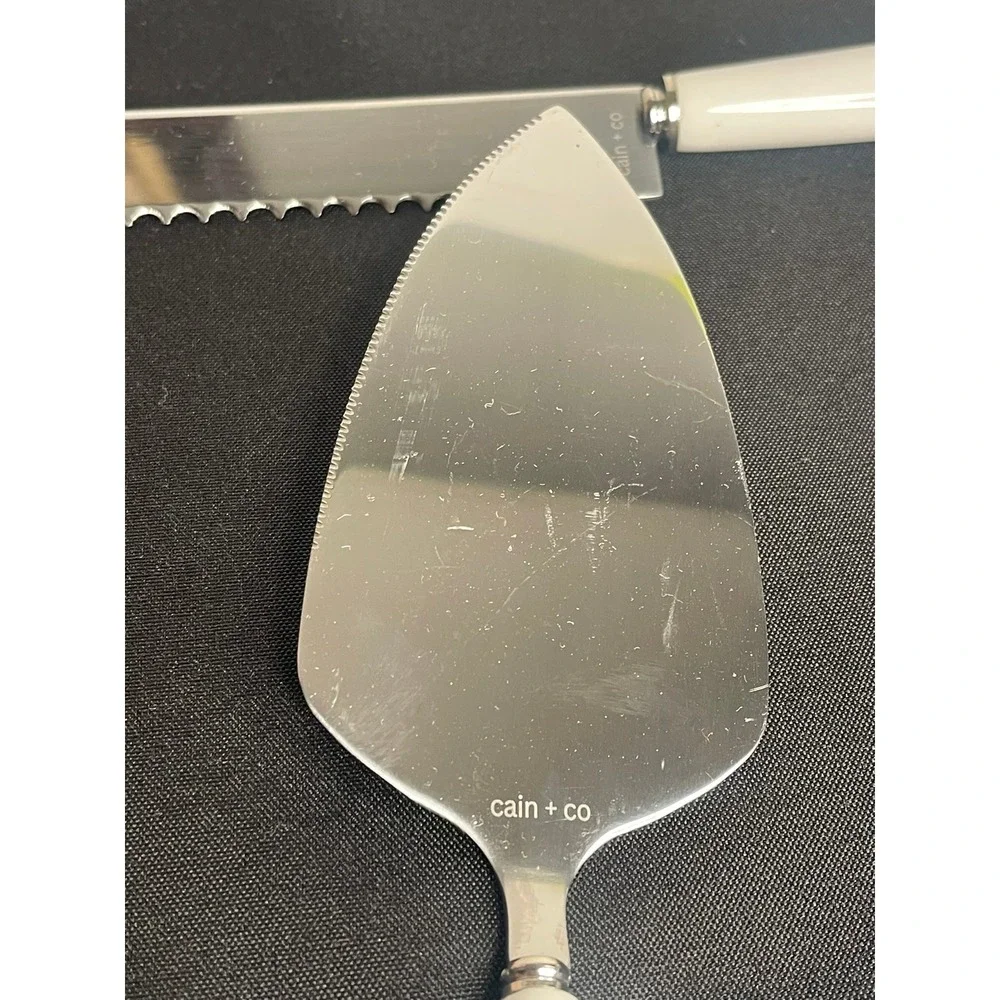 Cain Co Cake Knife Server Set Stainless Steel White Handle Serrated Bread Knife‎